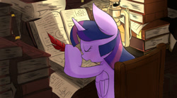 Size: 1200x663 | Tagged: safe, artist:joycall6, character:twilight sparkle, character:twilight sparkle (alicorn), species:alicorn, species:pony, book, female, lantern, mare, pile, princess sleeping on books, sleeping, solo, studying, table