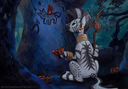 Size: 790x552 | Tagged: safe, artist:kenket, artist:spainfischer, character:zecora, species:zebra, g4, female, painting, profile, rafiki, reference, signature, sitting, solo, the lion king, tree