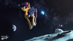 Size: 1920x1080 | Tagged: safe, artist:darkflame75, character:scootaloo, species:bat pony, species:pegasus, species:pony, bat ponified, female, flag, looking at you, moon, planet, pronking, race swap, scootabat, smiling, solo, space, spread wings, student of the night, tumblr, wallpaper, wingding eyes, wings