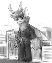 Size: 804x975 | Tagged: safe, artist:alloyrabbit, oc, oc only, oc:moon dust, species:mothpony, species:pony, blushing, business suit, clothing, destruction, giant insect, giant moth, giant mothpony, giant pony, glasses, insect, macro, monochrome, moth, original species, outfit, solo, stockings, suit