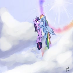 Size: 2000x2000 | Tagged: safe, artist:gsphere, character:rainbow dash, character:twilight sparkle, ship:twidash, g4, my little pony: friendship is magic, cloud, cloudy, female, flying, high res, lesbian, rainbow, shipping, sky, sonic rainboom