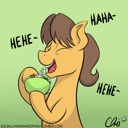 Size: 1280x1280 | Tagged: safe, artist:nekocrispy, character:caramel, ask, bowl, caramel is awesome, eating, eyes closed, fork, hate, herbivore, hoof hold, laughing, male, open mouth, ponies laughing with fruit salad, salad, smiling, socially awkward pony, solo, tumblr