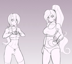 Size: 1280x1142 | Tagged: safe, artist:scorpdk, character:princess celestia, character:princess luna, species:human, abs, alternate hairstyle, belly button, boxing gloves, choker, clothing, female, gloves, grin, humanized, looking at you, midriff, monochrome, muscles, ponytail, sketch, sports bra