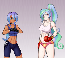 Size: 1280x1142 | Tagged: safe, artist:ligerstorm, artist:scorpdk, character:princess celestia, character:princess luna, species:human, abs, alternate hairstyle, belly button, boxing gloves, choker, clothing, colored, female, gloves, grin, humanized, looking at you, midriff, mma gloves, moderate dark skin, muscles, ponytail, sketch, sports bra, sports panties, sports shorts