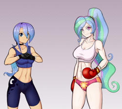 Size: 1280x1142 | Tagged: safe, artist:ligerstorm, artist:scorpdk, character:princess celestia, character:princess luna, species:human, abs, alternate hairstyle, belly button, boxing gloves, choker, clothing, colored, female, gloves, grin, humanized, looking at you, midriff, mma gloves, muscles, ponytail, sports bra, sports panties, sports shorts, tanned