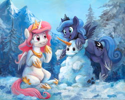 Size: 993x797 | Tagged: safe, artist:kenket, artist:spainfischer, character:princess celestia, character:princess luna, species:alicorn, species:pony, acrylic painting, carrot, cewestia, cute, cutelestia, dawwww, female, filly, frozen (movie), lunabetes, mare, smiling, snow, snowpony, traditional art, woona, younger