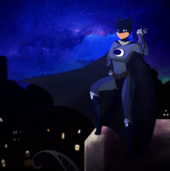 Size: 1591x1600 | Tagged: source needed, useless source url, safe, artist:scorpdk, character:princess luna, species:human, batman, bodysuit, cosplay, dc comics, female, gotham city, grappling hook, humanized, i am the night, looking at you, night, sky, smiling, solo, stars