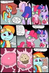 Size: 781x1156 | Tagged: safe, artist:metal-kitty, character:derpy hooves, character:pinkie pie, character:rainbow dash, character:twilight sparkle, character:twilight sparkle (alicorn), species:alicorn, species:pony, comic:expiration date, comic, derpy soldier, dialogue, engie pie, engineer, expiration date, female, grimdark series, mare, medic, muffin, rainbow scout, scout, soldier, suggestive series, team fortress 2, teleporter, twi medic