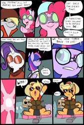 Size: 781x1156 | Tagged: safe, artist:metal-kitty, character:applejack, character:derpy hooves, character:pinkie pie, character:rarity, character:twilight sparkle, character:twilight sparkle (alicorn), species:alicorn, species:pony, comic:expiration date, alcohol, beer, comic, demo jack, demoman, derpy soldier, dialogue, engie pie, engineer, expiration date, female, glasses, grimdark series, mare, medic, rarispy, silly, silly pony, spy, suggestive series, team fortress 2, teleporter, twi medic