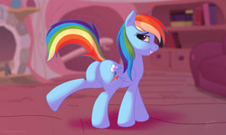 Size: 1615x962 | Tagged: safe, artist:skipsy, edit, character:rainbow dash, species:pegasus, species:pony, butt, cute, dashabetes, featureless crotch, female, golden oaks library, looking at you, looking back, looking back at you, mare, plot, rainbutt dash, raised leg, sexy, smirk, solo, stupid sexy rainbow dash