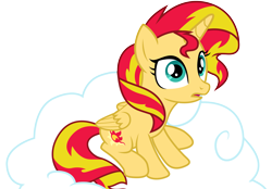 Size: 4321x3000 | Tagged: safe, artist:theshadowstone, character:sunset shimmer, species:alicorn, species:pony, alicornified, cloud, cutie mark, female, hooves, horn, mare, on a cloud, open mouth, race swap, shimmercorn, simple background, sitting on a cloud, solo, transparent background, vector, wings