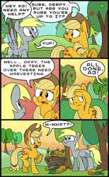 Size: 554x900 | Tagged: safe, artist:spainfischer, character:applejack, character:derpy hooves, species:earth pony, species:pegasus, species:pony, apple, apple tree, comic, derp, derpy being derpy, dialogue, duo, english, female, helping, how, humor, mare, open mouth, orchard, outdoors, pineapple, proud, random, shocked, smiling, speech bubble, spread wings, startled, surprised, talking, tree, wat, wings, working