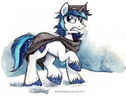 Size: 800x607 | Tagged: safe, artist:kenket, artist:spainfischer, character:shining armor, cloak, clothing, male, messy mane, snow goggles, solo, traditional art, unshorn fetlocks
