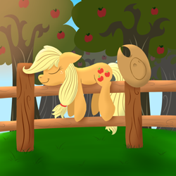 Size: 1600x1600 | Tagged: safe, artist:notenoughapples, character:applejack, species:pony, female, fence, silly, silly pony, sleeping, solo