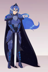 Size: 1322x2000 | Tagged: safe, artist:scorpdk, character:princess luna, species:human, g4, armor, cape, clothing, female, humanized, runes, smiling, solo, sword, warrior luna, weapon