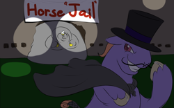 Size: 800x500 | Tagged: safe, artist:calorie, oc, oc only, oc:calorie, bhm, blob, cape, clothing, dastardly whiplash, evil grin, fat, guard, hat, jailbreak, moustache, pony too big for container, top hat