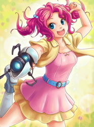 Size: 850x1150 | Tagged: safe, artist:ninjaham, character:pinkie pie, species:human, clothing, crossover, dress, female, humanized, open mouth, portal (valve), portal gun, solo