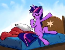 Size: 1100x849 | Tagged: safe, artist:gsphere, character:twilight sparkle, character:twilight sparkle (unicorn), species:pony, species:unicorn, bed, eyes closed, female, mare, morning ponies, open mouth, pillow, sitting, solo, yawn