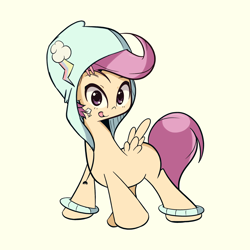 Size: 2000x2000 | Tagged: safe, artist:turtlefarminguy, character:scootaloo, species:pegasus, species:pony, beanie, clothing, female, hat, hood, hoofband, looking at you, simple background, smiling, solo