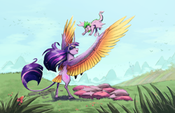 Size: 3045x1970 | Tagged: safe, artist:darkflame75, artist:php130, character:spike, character:twilight sparkle, character:twilight sparkle (alicorn), species:alicorn, species:classical unicorn, species:pony, bipedal, collaboration, colored wings, colored wingtips, curved horn, cute, dock, eye contact, flying lesson, hilarious in hindsight, leonine tail, looking at each other, mama twilight, open mouth, pillow, rearing, smiling, spread wings, tail feathers, teaching, unshorn fetlocks, wide eyes, wing claws, winged spike, wings