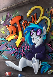 Size: 502x720 | Tagged: safe, artist:spainfischer, character:dj pon-3, character:vinyl scratch, background pony, clothing, cute, female, graffiti, hoodie, solo, underhoof, vinylbetes