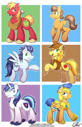Size: 577x892 | Tagged: safe, artist:nekocrispy, character:big mcintosh, character:braeburn, character:caramel, character:flash sentry, character:shining armor, character:soarin', species:earth pony, species:pegasus, species:pony, species:unicorn, armor, bedroom eyes, chest fluff, clothing, cowboy hat, fluffy, freckles, grin, hat, male, open mouth, raised hoof, raised leg, rearing, royal guard armor, smiling, smirk, spread wings, stallion, unshorn fetlocks, wide eyes, wings
