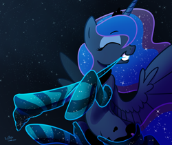 Size: 1400x1177 | Tagged: safe, artist:darkflame75, character:princess luna, species:alicorn, species:pony, lunadoodle, g4, clothing, cute, eyebrows, eyebrows visible through hair, eyes closed, female, lunabetes, mare, mouth hold, night, night sky, profile, signature, sky, socks, solo, sparkly mane, spread wings, starry night, stars, striped socks, wings