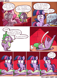 Size: 944x1294 | Tagged: safe, artist:capnpea, artist:kefkafloyd, character:pinkie pie, character:spike, character:twilight sparkle, character:twilight sparkle (alicorn), species:alicorn, species:dragon, species:earth pony, species:pony, comic:three apples, cereal, comic, faint, female, male, mare, milk, no pupils