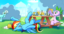 Size: 2447x1325 | Tagged: safe, artist:gsphere, character:lyra heartstrings, character:rainbow dash, character:spike, species:dragon, species:pegasus, species:pony, species:unicorn, cider, dashaholic, drunk, drunker dash, female, male, mare, open mouth, picnic, sitting