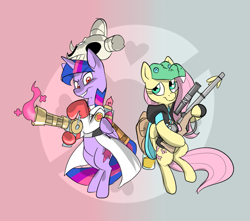Size: 895x790 | Tagged: safe, artist:metal-kitty, character:fluttershy, character:twilight sparkle, character:twilight sparkle (alicorn), species:alicorn, species:pegasus, species:pony, crossover, cutie mark, female, gun, hooves, horn, mare, medic, optical sight, rifle, smiling, sniper, sniper rifle, snipershy, team fortress 2, teeth, twi medic, weapon, wings