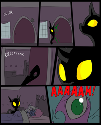 Size: 827x1025 | Tagged: safe, artist:metal-kitty, oc, oc only, species:changeling, comic:mlp project, bed, chameleon, comic, filly, golem, grimdark series
