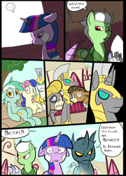 Size: 696x965 | Tagged: safe, artist:metal-kitty, character:bon bon, character:cranky doodle donkey, character:lyra heartstrings, character:matilda, character:sweetie drops, character:twilight sparkle, character:twilight sparkle (unicorn), oc, oc:bullseye (mlp project), oc:leon (mlp project), species:changeling, species:donkey, species:earth pony, species:pegasus, species:pony, species:unicorn, comic:mlp project, ship:crankilda, comic, golem, grimdark series, mind control, ponyville, royal guard, shipping