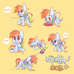 Size: 3000x3000 | Tagged: safe, artist:joycall6, character:rainbow dash, species:pegasus, species:pony, behaving like a dog, big ears, blushing, collar, cute, dashabetes, dialogue, english, eyes closed, female, floppy ears, food, food bowl, glare, gritted teeth, heart, high res, kibble, korean, leash, offscreen character, panting, pet, pet play, pet-dash, pony pet, prone, puppy ponies, raised hoof, simple background, sitting, sleeping, smiling, solo, speech bubble, zzz