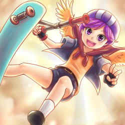 Size: 1000x1000 | Tagged: safe, artist:ninjaham, character:scootaloo, species:human, species:pegasus, species:pony, awesome, cape, clothing, cmc cape, female, helmet, humanized, peace sign, scooter, shorts, solo, winged humanization