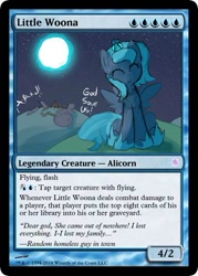 Size: 375x523 | Tagged: safe, artist:darkflame75, character:princess luna, lunadoodle, cute, eyes closed, female, filly, happy, magic, magic the gathering, moon, moon work, night, oblivious, s1 luna, sitting, smiling, solo, trading card, woona