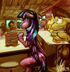 Size: 3845x3931 | Tagged: safe, artist:alumx, character:applejack, character:carrot cake, character:twilight sparkle, character:twilight sparkle (alicorn), species:alicorn, species:pony, burger, eating, female, mare, that pony sure does love burgers, twilight burgkle