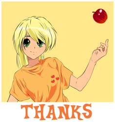 Size: 9462x10022 | Tagged: safe, artist:up1ter, character:applejack, absurd resolution, anime, apple, blonde, female, food, grin, hatless, humanized, missing accessory, obligatory apple, simple background, smiling, solo, style emulation, vector