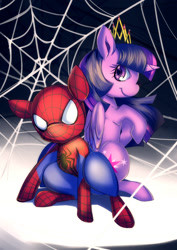 Size: 990x1400 | Tagged: safe, artist:bakki, character:twilight sparkle, character:twilight sparkle (alicorn), species:alicorn, species:pony, episode:twilight's kingdom, g4, my little pony: friendship is magic, crossover, fanfic art, fanfic cover, female, mare, peter parker, ponified, spider web, spider-man, spidertwi, the amazing spider-man