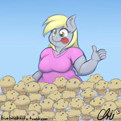 Size: 1280x1280 | Tagged: safe, artist:nekocrispy, character:derpy hooves, species:anthro, aderpose, bbw, chubby, derpy taste tester, fat, female, muffin, sequence, solo, that pony sure does love muffins, this will end in weight gain, weight gain, weight gain sequence