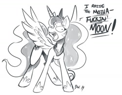 Size: 1280x1000 | Tagged: safe, artist:bluntwhiskey, character:princess luna, species:alicorn, species:pony, female, mare, monochrome, solo, traditional royal canterlot voice, vulgar, yelling