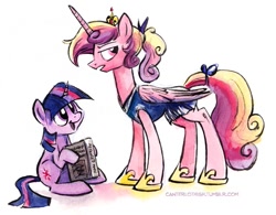 Size: 685x535 | Tagged: safe, artist:kenket, artist:spainfischer, character:princess cadance, character:twilight sparkle, species:alicorn, species:pony, species:unicorn, canterlot high, canterlot high blog, clothing, female, filly, filly twilight sparkle, foalsitter, mare, open mouth, teen princess cadance