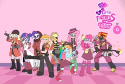 Size: 1210x810 | Tagged: safe, artist:metal-kitty, character:applejack, character:big mcintosh, character:derpy hooves, character:fluttershy, character:pinkie pie, character:rainbow dash, character:rarity, character:sunset shimmer, character:twilight sparkle, my little pony:equestria girls, crossover, humane seven, humane six, mane six, team fortress 2