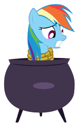 Size: 3342x5000 | Tagged: safe, artist:tardifice, character:rainbow dash, bondage, caught, cauldron, female, pony as food, rope, simple background, solo, tied up, transparent background, vector