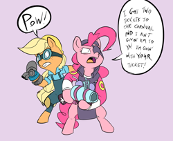 Size: 898x731 | Tagged: safe, artist:metal-kitty, character:applejack, character:pinkie pie, species:pony, bipedal, clothing, crossover, demoman, demopie, engiejack, engineer, eyepatch, goggles, gunslinger (tf2), overalls, team fortress 2
