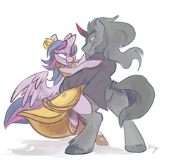 Size: 1280x1216 | Tagged: safe, artist:bluntwhiskey, character:king sombra, character:twilight sparkle, character:twilight sparkle (alicorn), species:alicorn, species:pony, ship:twibra, bipedal, clothing, dancing, dress, female, male, mare, shipping, straight