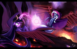 Size: 1100x698 | Tagged: safe, artist:ciscoql, artist:gsphere, character:trixie, character:twilight sparkle, character:twilight sparkle (alicorn), species:alicorn, species:pony, angry, artificial wings, augmented, collaboration, female, fight, flying, magic, magic wings, mare, wings