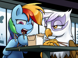 Size: 1036x770 | Tagged: safe, artist:gsphere, character:gilda, character:rainbow dash, species:griffon, species:pegasus, species:pony, chopsticks, duo, duo female, eating, female, food, instant noodles, mare, noodles, open mouth, smiling, smirk, table, unopposable hooves