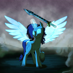 Size: 5000x5000 | Tagged: safe, artist:captainhoers, character:rarity, species:alicorn, species:pony, absurd resolution, alicornified, artificial wings, augmented, broken horn, death knight, evil, evil grin, female, fog, glowing eyes, grin, horn, insanity, magic, magic wings, messy mane, race swap, raricorn, rarisnap, runeblade, smiling, solo, stars, sword, telekinesis, undead, weapon, wings