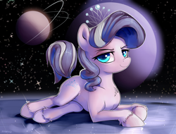 Size: 1998x1515 | Tagged: safe, artist:gsphere, character:diamond tiara, species:pony, female, looking at you, lying down, mare, planet, solo, space, stars, unshorn fetlocks