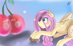 Size: 1262x791 | Tagged: safe, artist:mrscurlystyles, character:fluttershy, blushing, cherry, female, fluffy, frown, heart, prone, solo, unshorn fetlocks